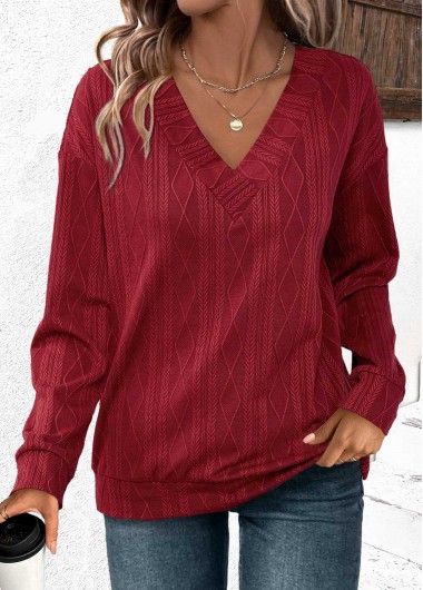 Rotita Jacquard Wine Red V Neck Long Sleeve Sweatshirt - XXL