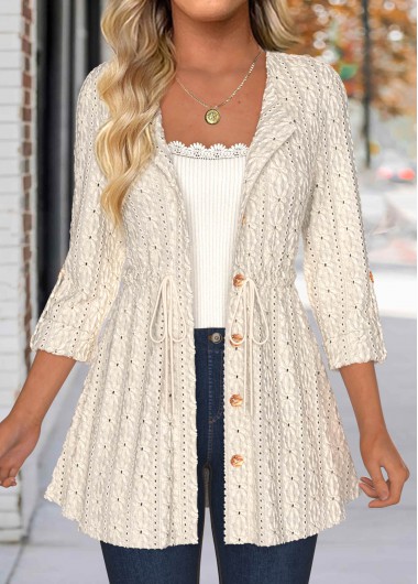 Rotita Lace Beige Round Neck 3/4 Sleeve Coat - XXL