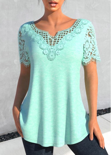 Rotita Lace Patchwork Cyan Tunic Tops Lace Mint Green Round Neck T Shirt - S