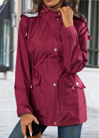 Rotita Lace Up Wine Red Hooded Long Sleeve Trench Coat - XL