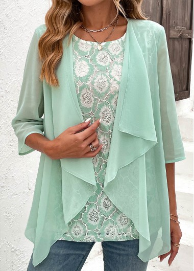 Rotita Mint Green Tunic Top Mature Womens Tops Mint Green Round Neck Fake Two Piece Twinset - S