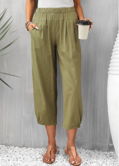 Rotita Olive Green Pocketed Cropped Pants Pocket Olive Green Regular Elastic Waist Pants - XL