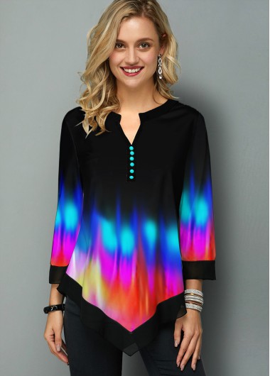 Rotita Printed 3/4 Sleeve Sharkbite Hem Tunic Top Patchwork Ombre Black Split Neck 3/4 Sleeve Blouse - XS