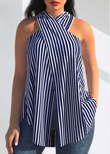 Rotita Striped Wrap Halter Tunic Tank Top Striped Cross Front Navy Blue Halter Tank Top - S