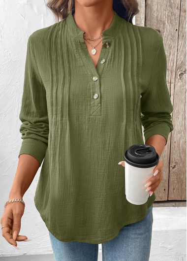 Rotita Tops For Women Button Olive Green Split Neck Long Sleeve Blouse - XXL