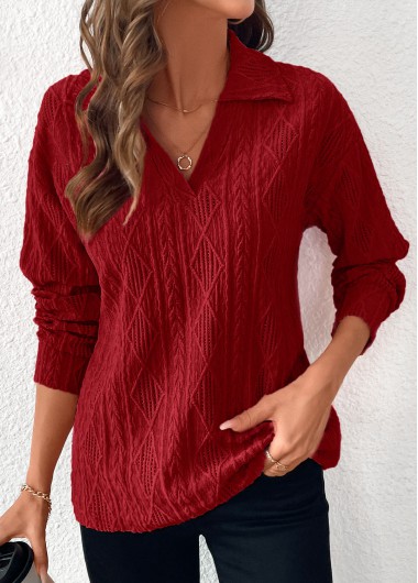 Rotita Tops For Women Lace Wine Red Turn Down Collar Long Sleeve Blouse - XXL