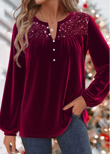 Rotita Tops For Women Long Sleeve Split Wine Red Blouse - M