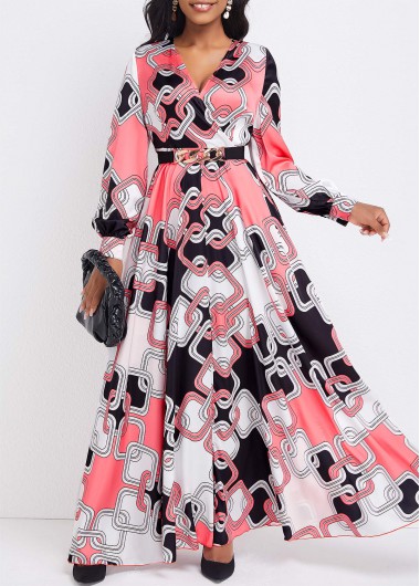 Rotita Umbrella Hem Geometric Print Pink Maxi Dress - XXL