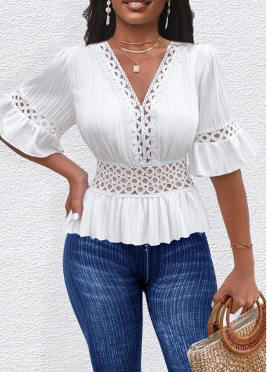 Rotita White Lace Crochet Insert Peplum Top Patchwork White V Neck Half Sleeve T Shirt - XXL