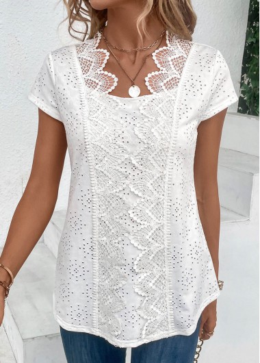 Rotita White Lace Panel Short Sleeve Tunic Top Patchwork White Scoop Neck Short Sleeve Blouse - XXL