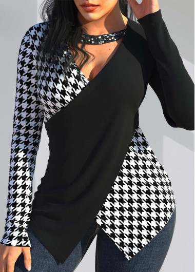 Rotita Wrap Tops Houndstooth Print Black T Shirt Sequin Houndstooth Print Black V Neck T Shirt - XXL