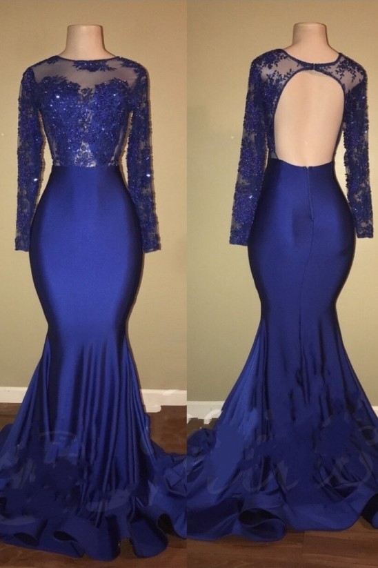 Royal Blue Beaded Long Sleeve Ruffles Skirt Mermaid Prom Dresses