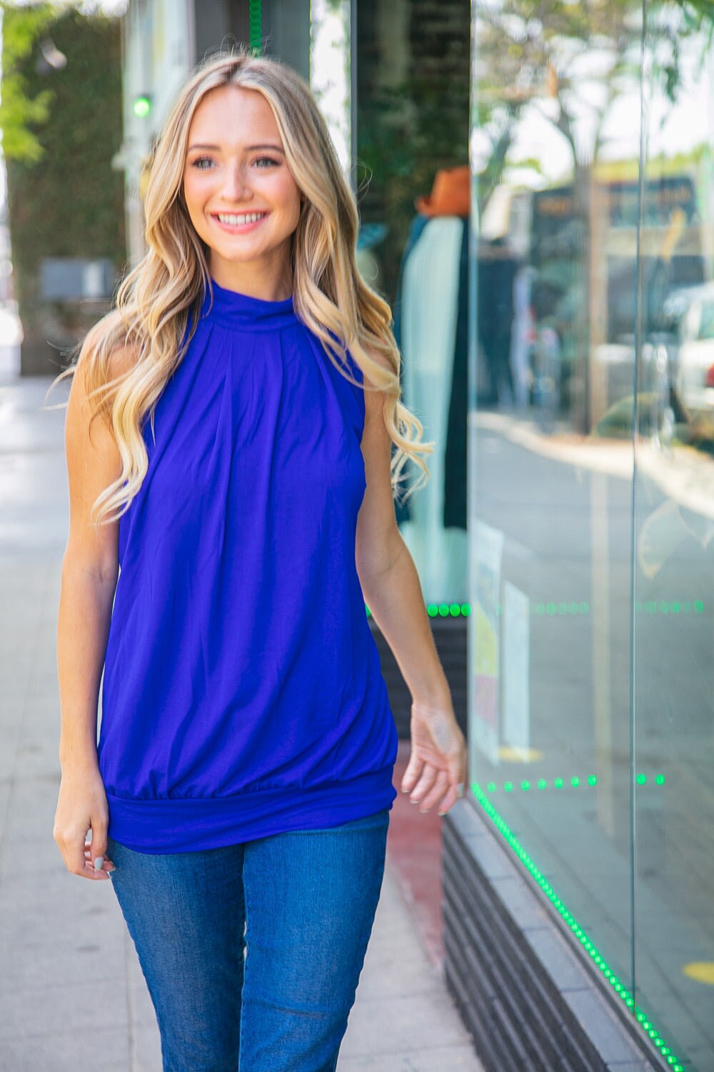 Royal Blue High Neck Waistband Pleated Top, Halter Top, Tank Plus Size Summer Casual Blouse, Womens Preppy Top