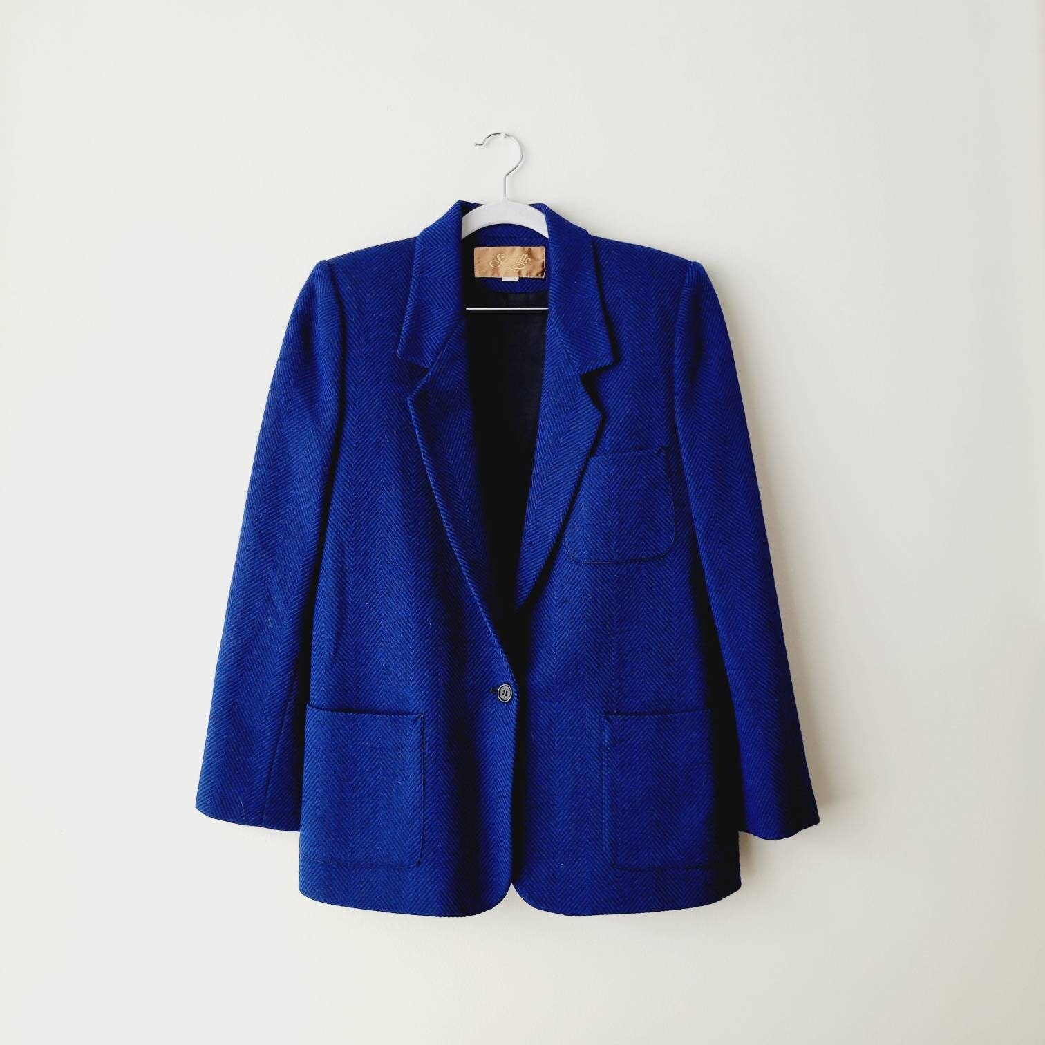 Royal Blue Longline Wool Blazer. Herringbone Chevron Weave Blazer Jacket. Cobalt Business Casual Vintage Tailored Fitted