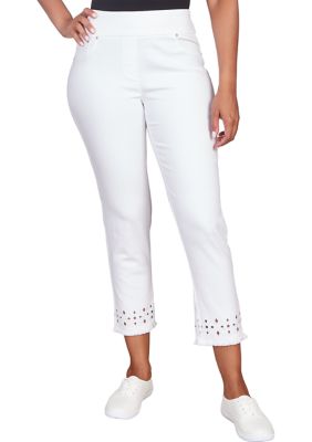 Ruby Rd Women's Petite Pull-On Colored Stretch Denim Jeans with Fringe Hem Detail and Diamond Cutout Embroidered Detail, White, 6P