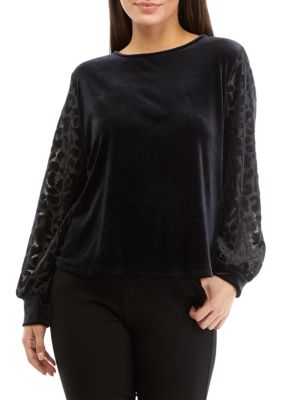 Ruby Rd Women's Petite Scoop Neck Stretch Velvet Sweatshirt, Black, PS