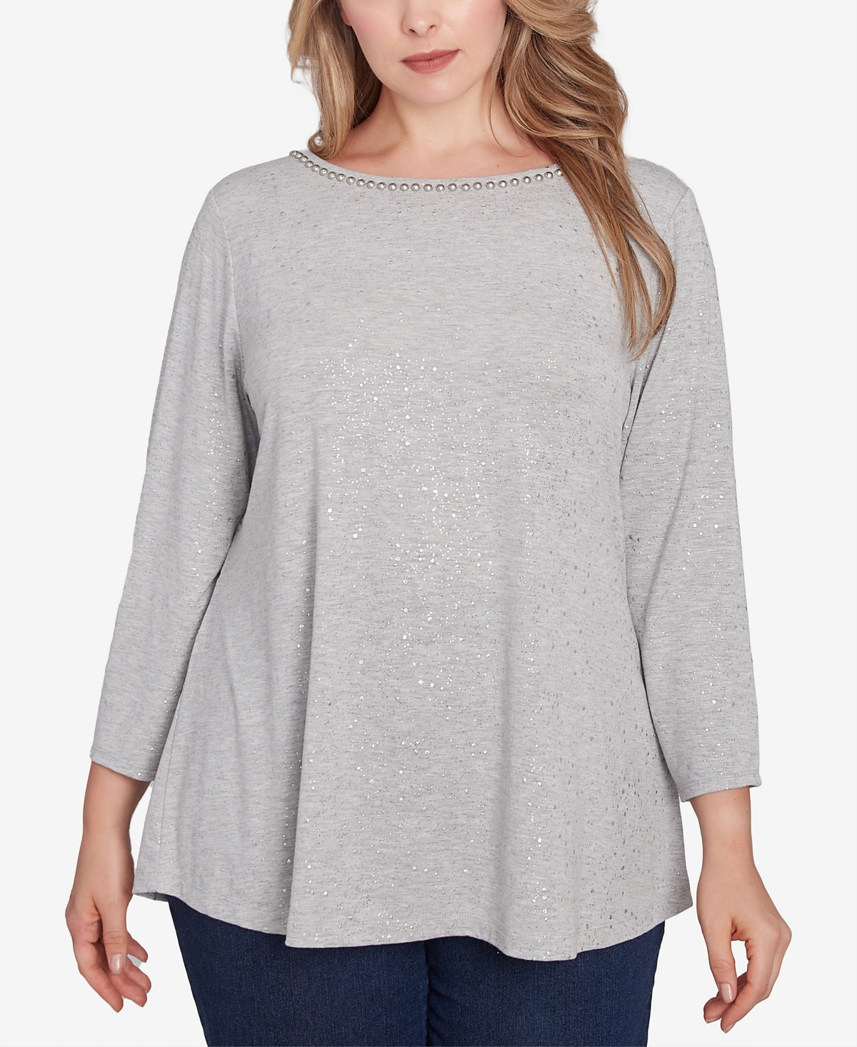 Ruby Rd. Plus Size Embellished Dew Drops Glitter Knit Top - Slate Grey Heather