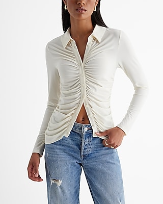 Ruched Long Sleeve Button Up Polo Top White Women's L