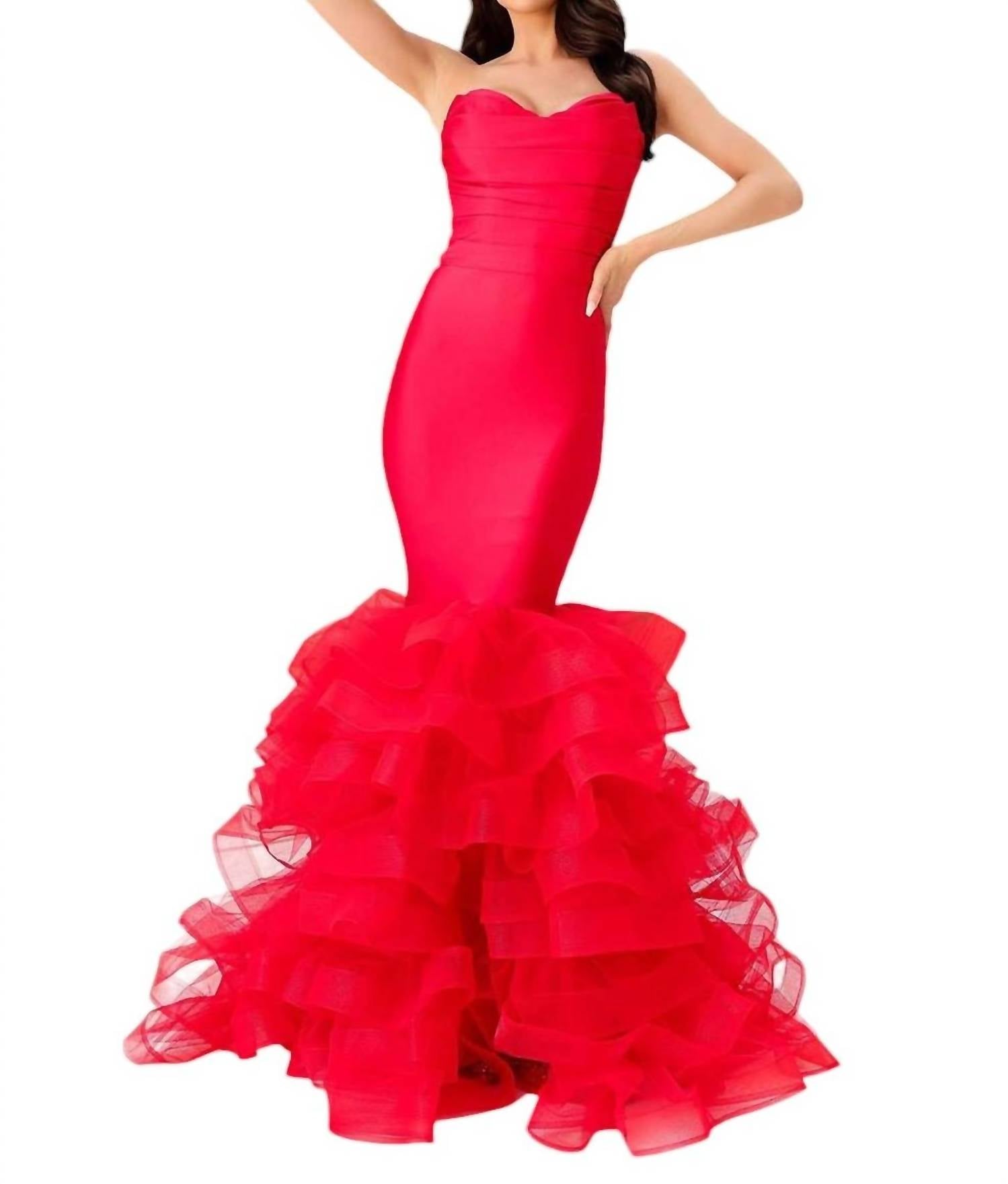 Ruched Strapless Mermaid Gown With Ruffled Skirt In Red