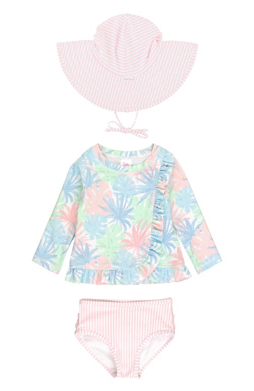 RuffleButts Pastel Palms Ruffle Long Sleeve Two-Piece Rashguard Swimsuit & Hat Set at Nordstrom, Size 18-24M