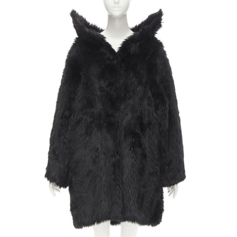 Runway Balenciaga Demna 2019 Runway Black Faux Fur Swing Off Shoulder Coat Fr34, Women's (Size Small)