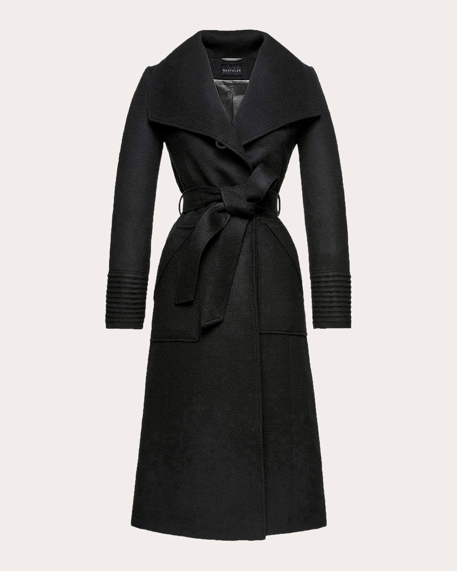 SENTALER Women's Baby Alpaca Wide Collar Long Wrap Coat in Black Wool/Polyester/Baby Alpaca