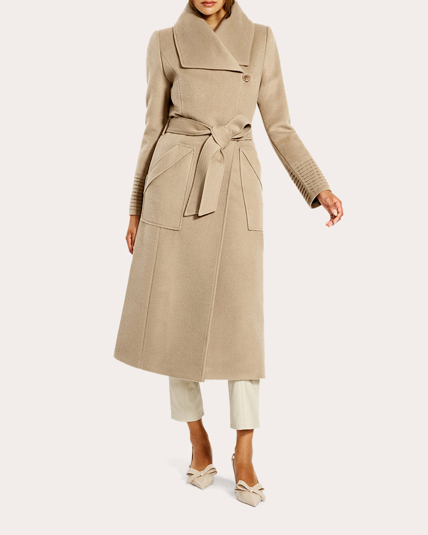 SENTALER Women's Baby Alpaca Wide Collar Long Wrap Coat in Camel Wool/Polyester/Baby Alpaca