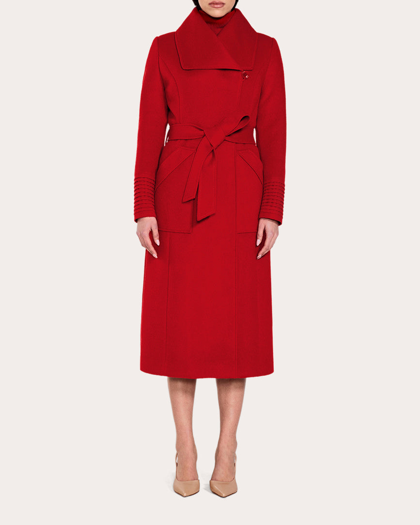 SENTALER Women's Baby Alpaca Wide Collar Long Wrap Coat in Scarlet Red Wool/Polyester/Baby Alpaca