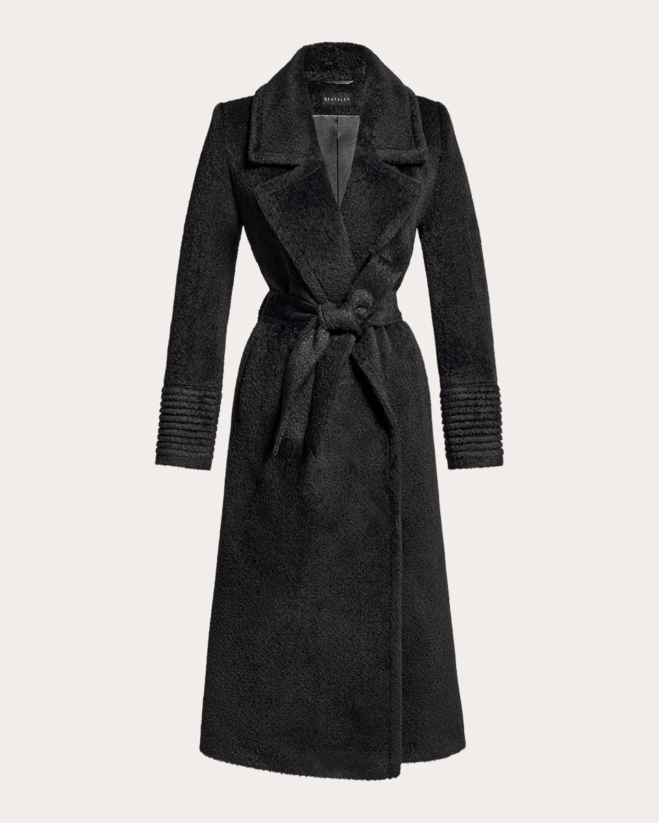 SENTALER Women's Bouclé Alpaca Long Notch Collar Wrap Coat in Black Wool/Nylon/Polyester