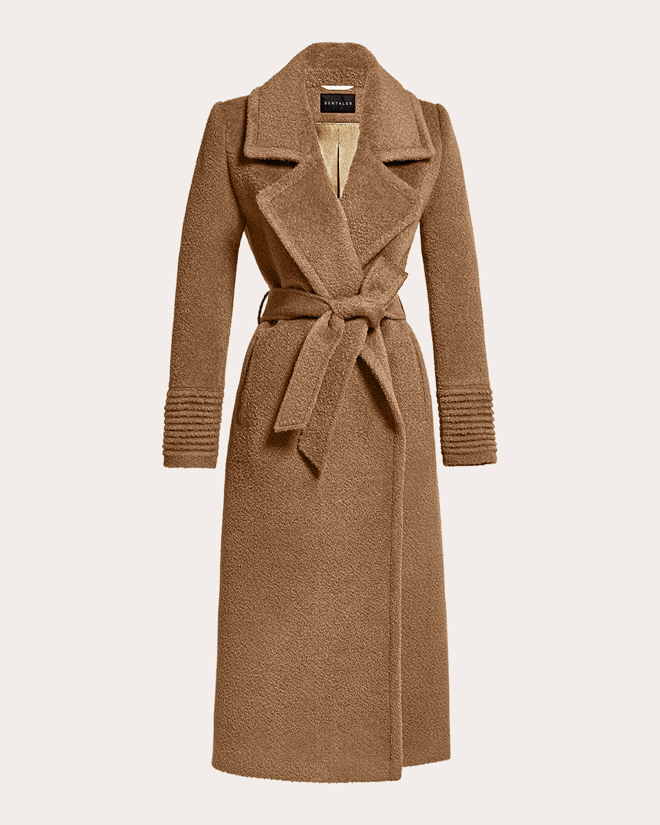 SENTALER Women's Bouclé Alpaca Long Notch Collar Wrap Coat in Dark Camel Wool/Nylon/Polyester