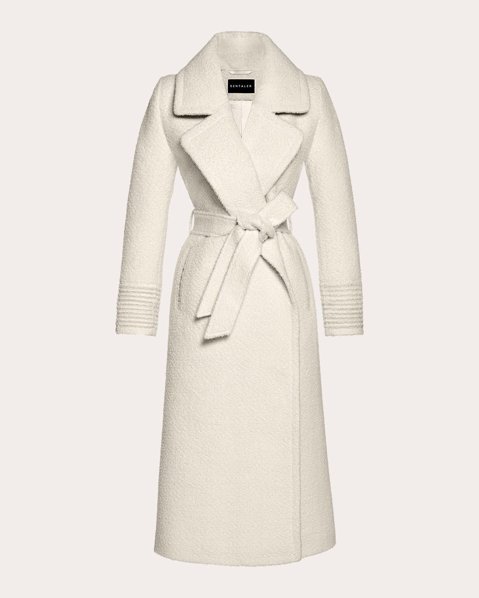 SENTALER Women's Bouclé Alpaca Long Notch Collar Wrap Coat in Ivory Wool/Nylon/Polyester