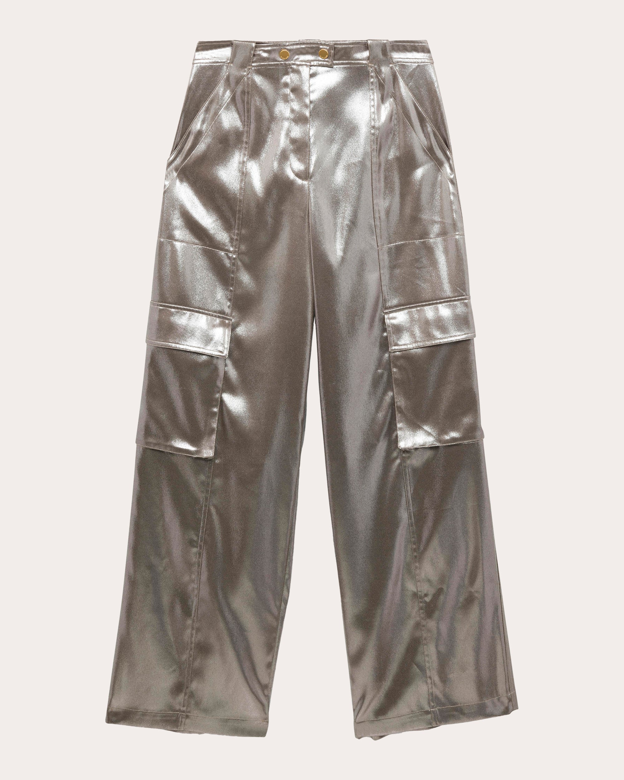 SIMKHAI Women's Beatriz Metallic Lamé Wide-Leg Cargo Pants in Silver Polyester