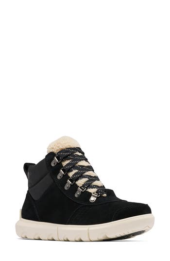 SOREL Explorer Next Genuine Shearling Waterproof Hiking Boot in Black/Sea Salt at Nordstrom Rack, Size 5