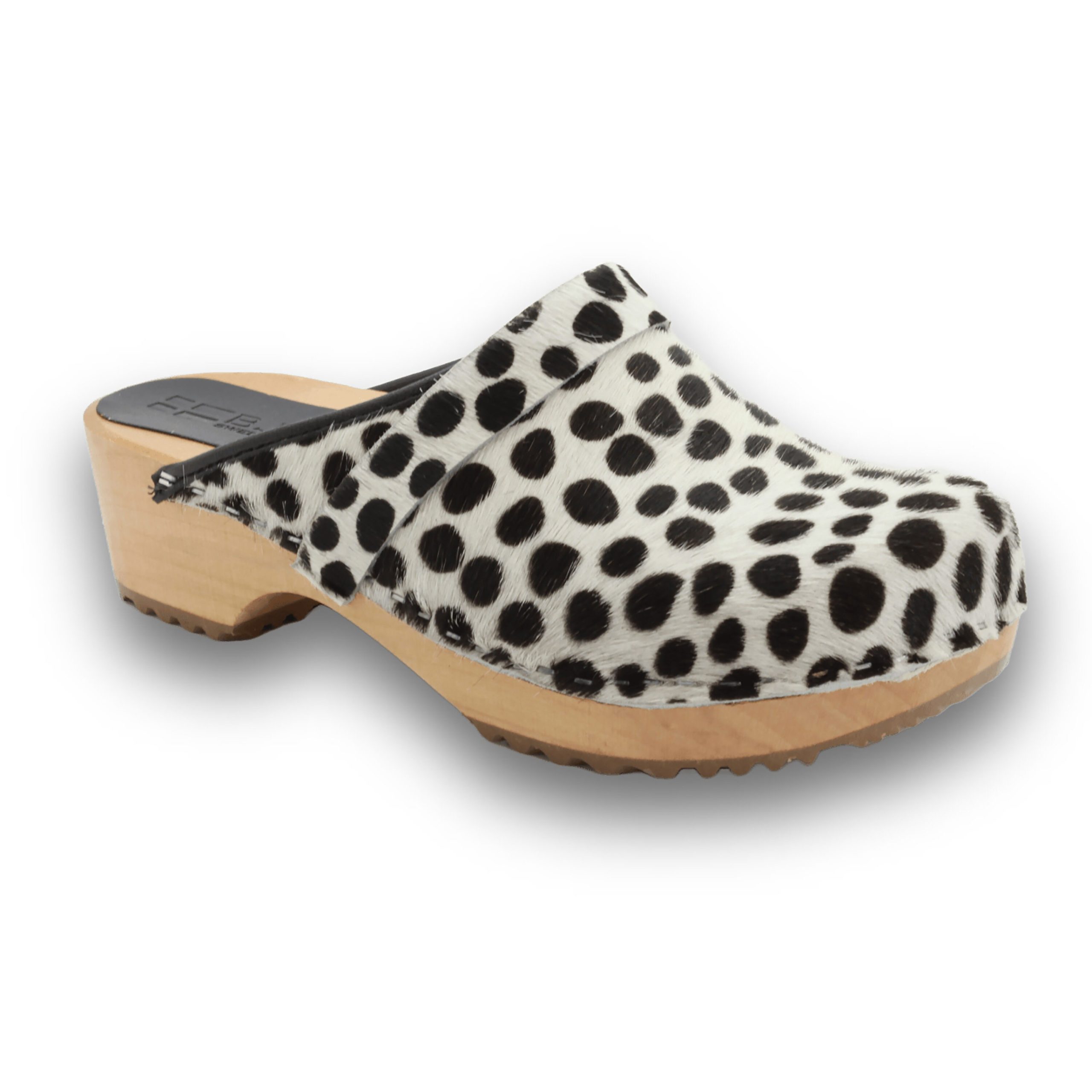 Safari Dalmation Wood Open Back Leather Clogs