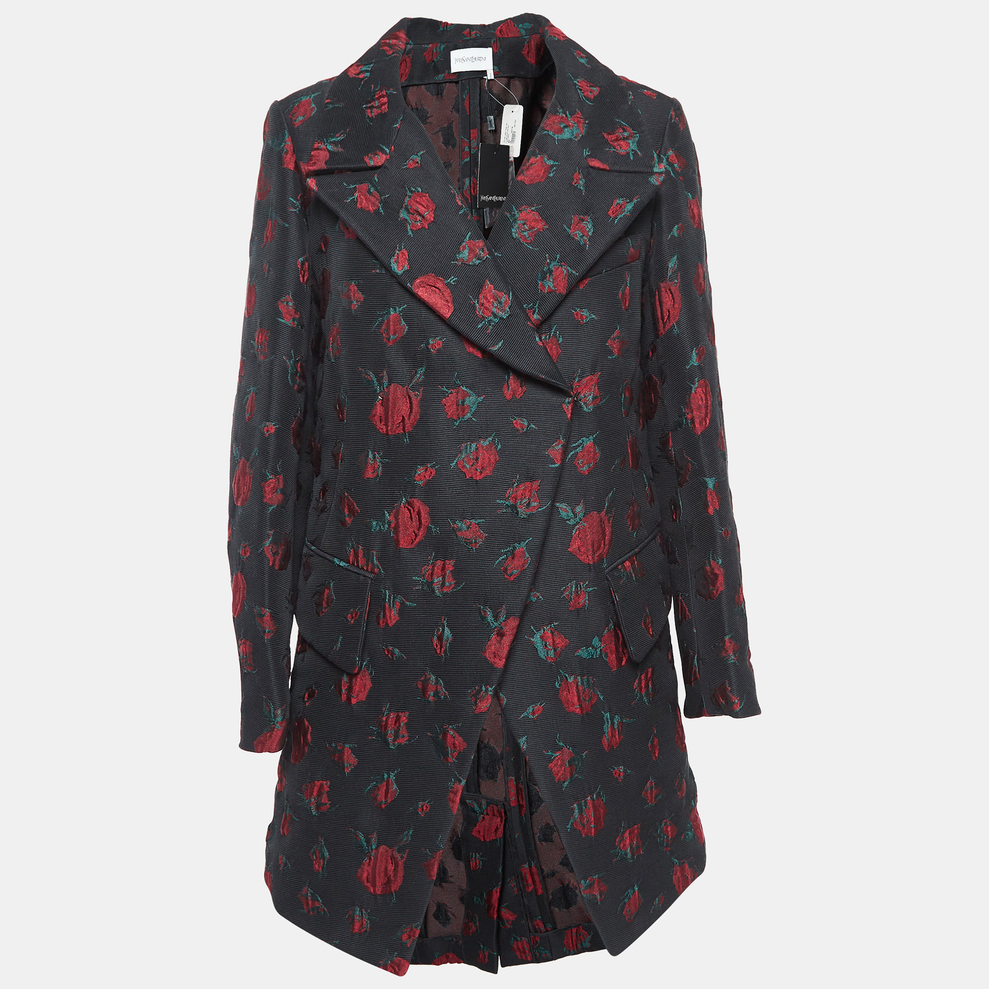 Saint Laurent Black Rose Motif Cotton Jacquard Coat S