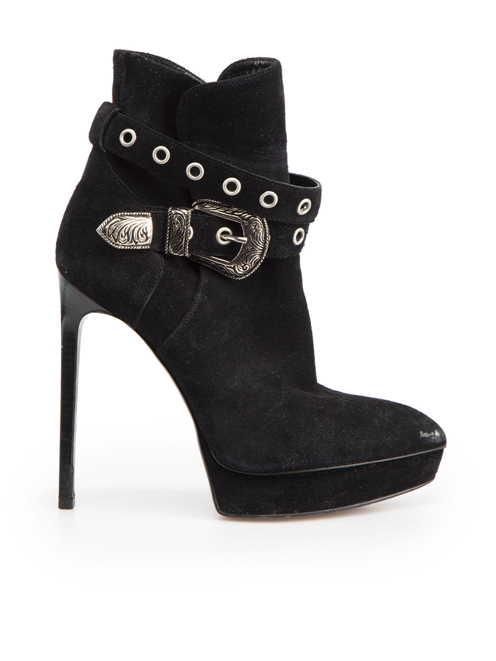 Saint Laurent Black Suede Buckle Heeled Boots