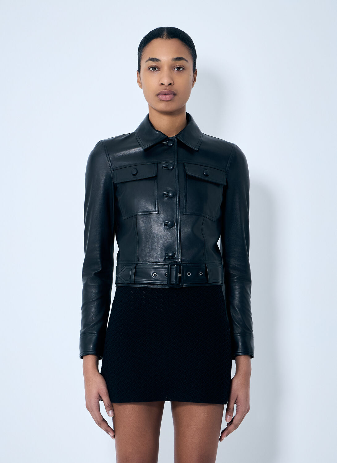 Saint Laurent Cropped Leather Jacket - Woman Jackets Black Fr - 34