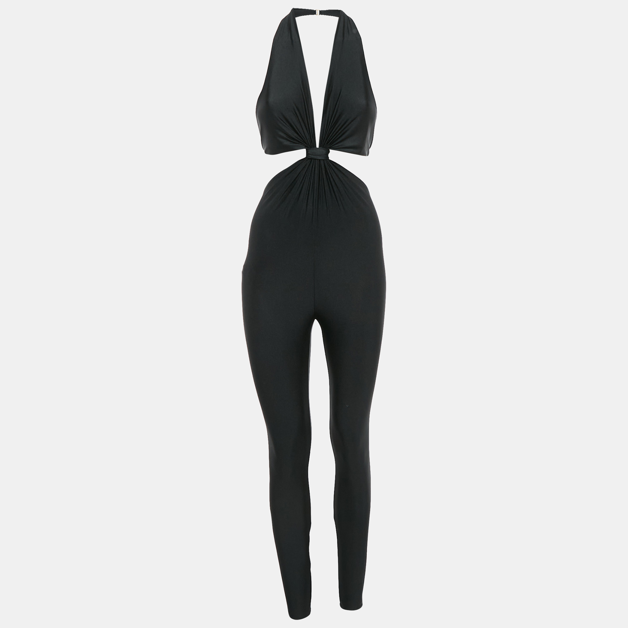 Saint Laurent Paris Black Jersey Knot Detail Halter Neck Jumpsuit S