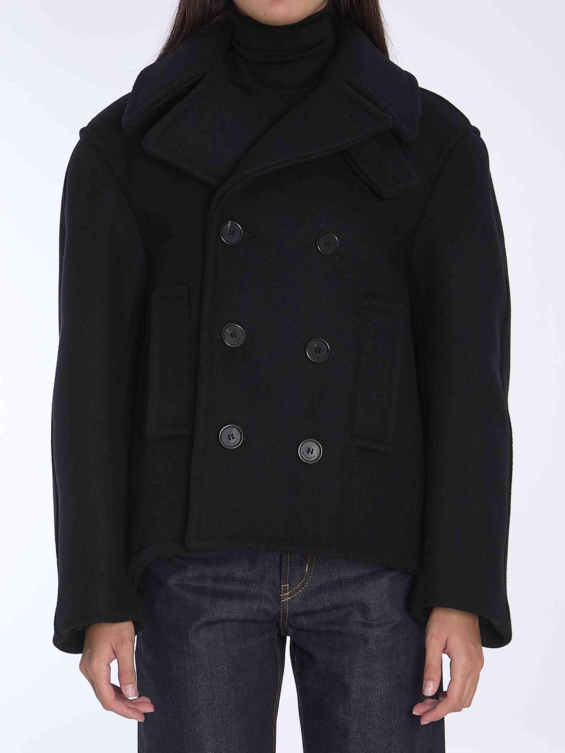 Saint Laurent Paris Oversize Pea Coat In Wool in Black, Women's (Size Small)