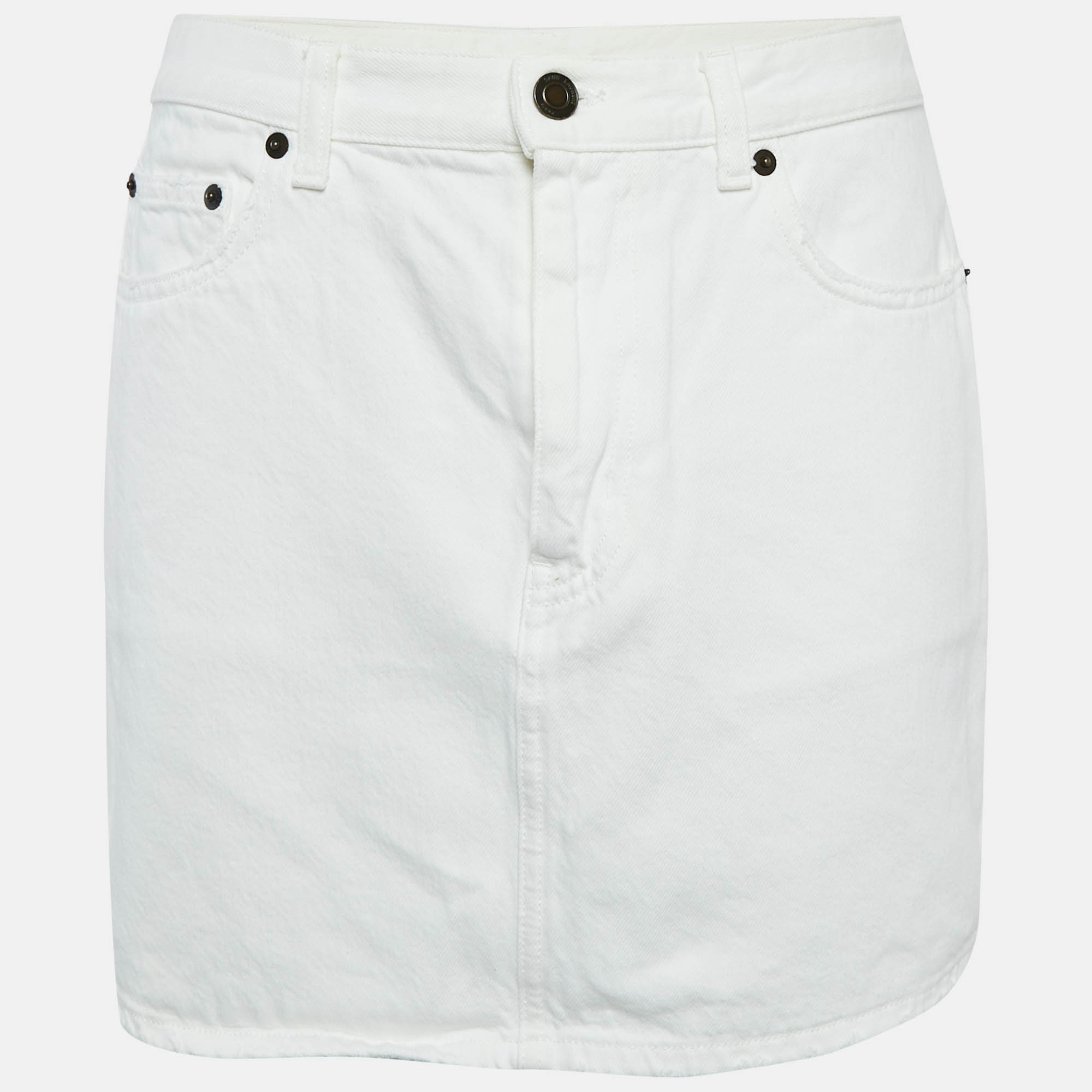 Saint Laurent White Denim Distressed Hem Mini Skirt M