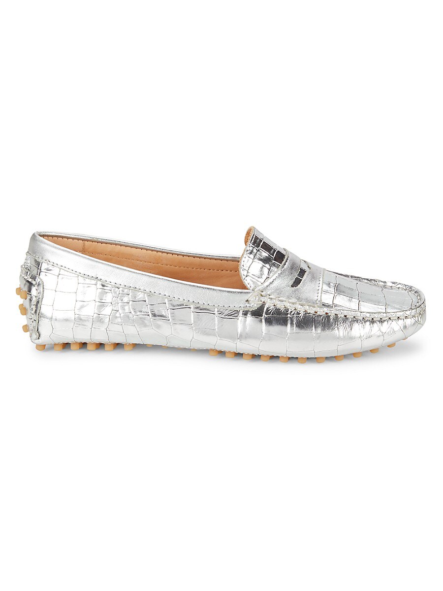 Saks Fifth Avenue Women's Croc Embossed Leather Penny Driving Loafers - Silver Metal - Size 5