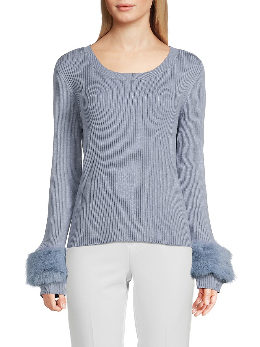 Saks Fifth Avenue Women's Faux Fur Cuff Rib Knit Top - Stone Blue - Size XS