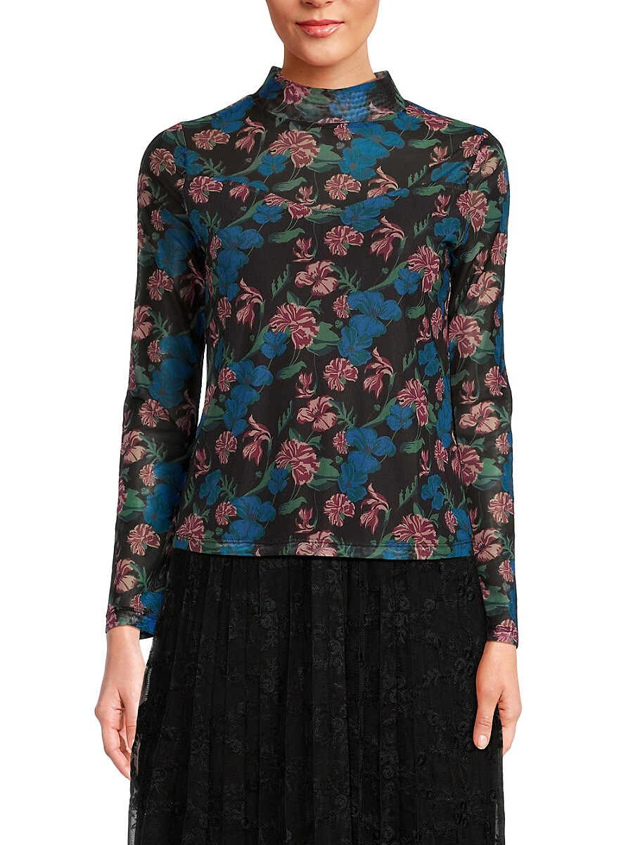 Saks Fifth Avenue Women's Long Sleeve Mesh Top - Dark Floral - Size XS