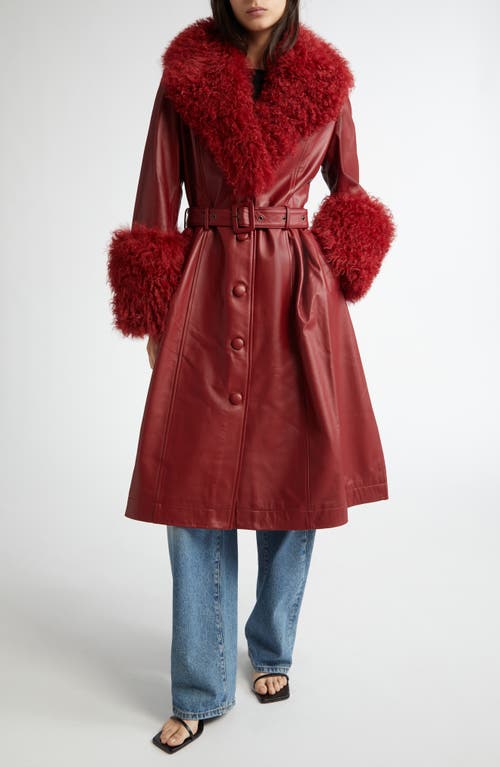 Saks Potts Foxy Genuine Shearling Trim Leather Coat in Syrah at Nordstrom, Size 2