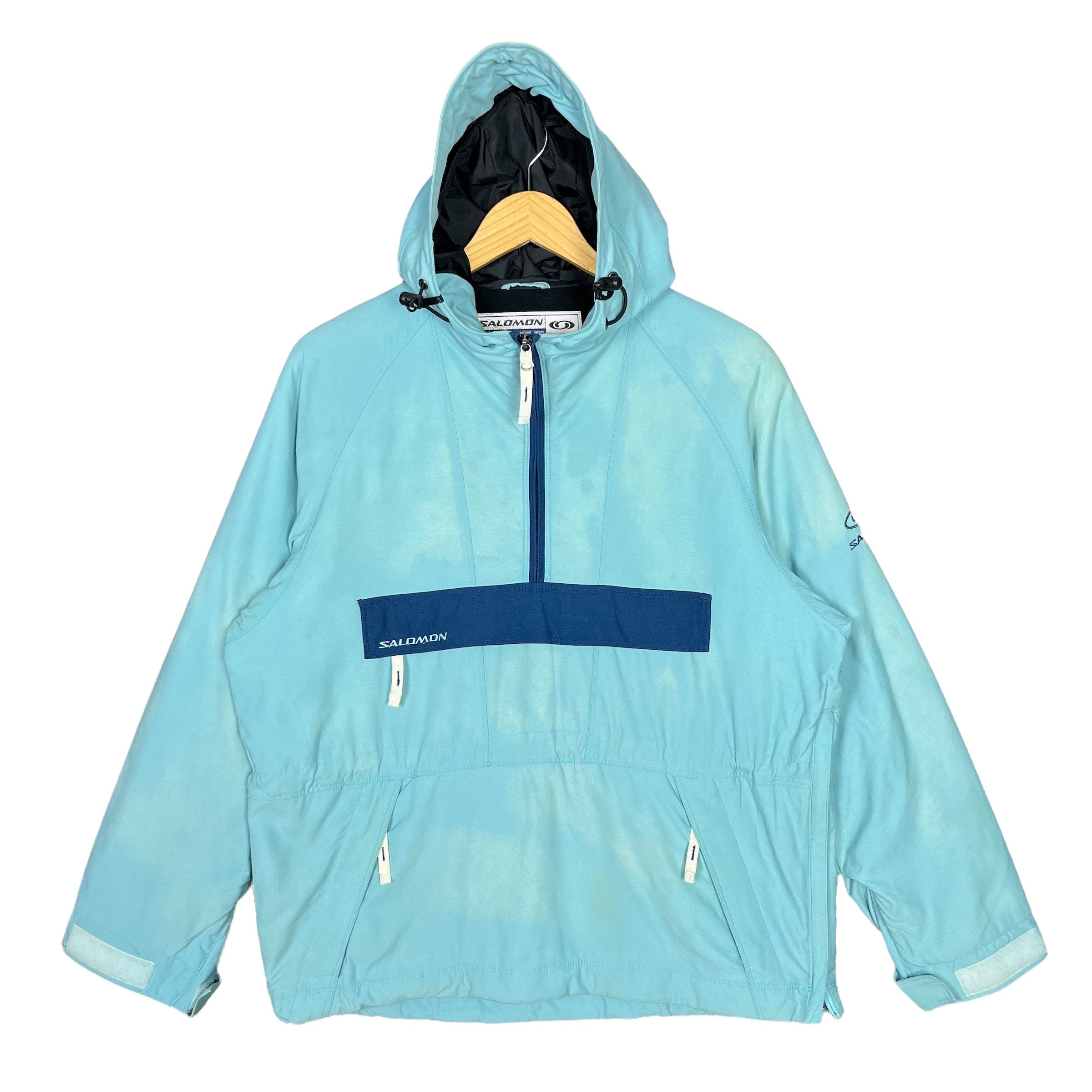 Salomon Half Zipper Anorak Pocket Hoodie Jacket Outdoor Hiking Blue Size Small Medium Made in Japan