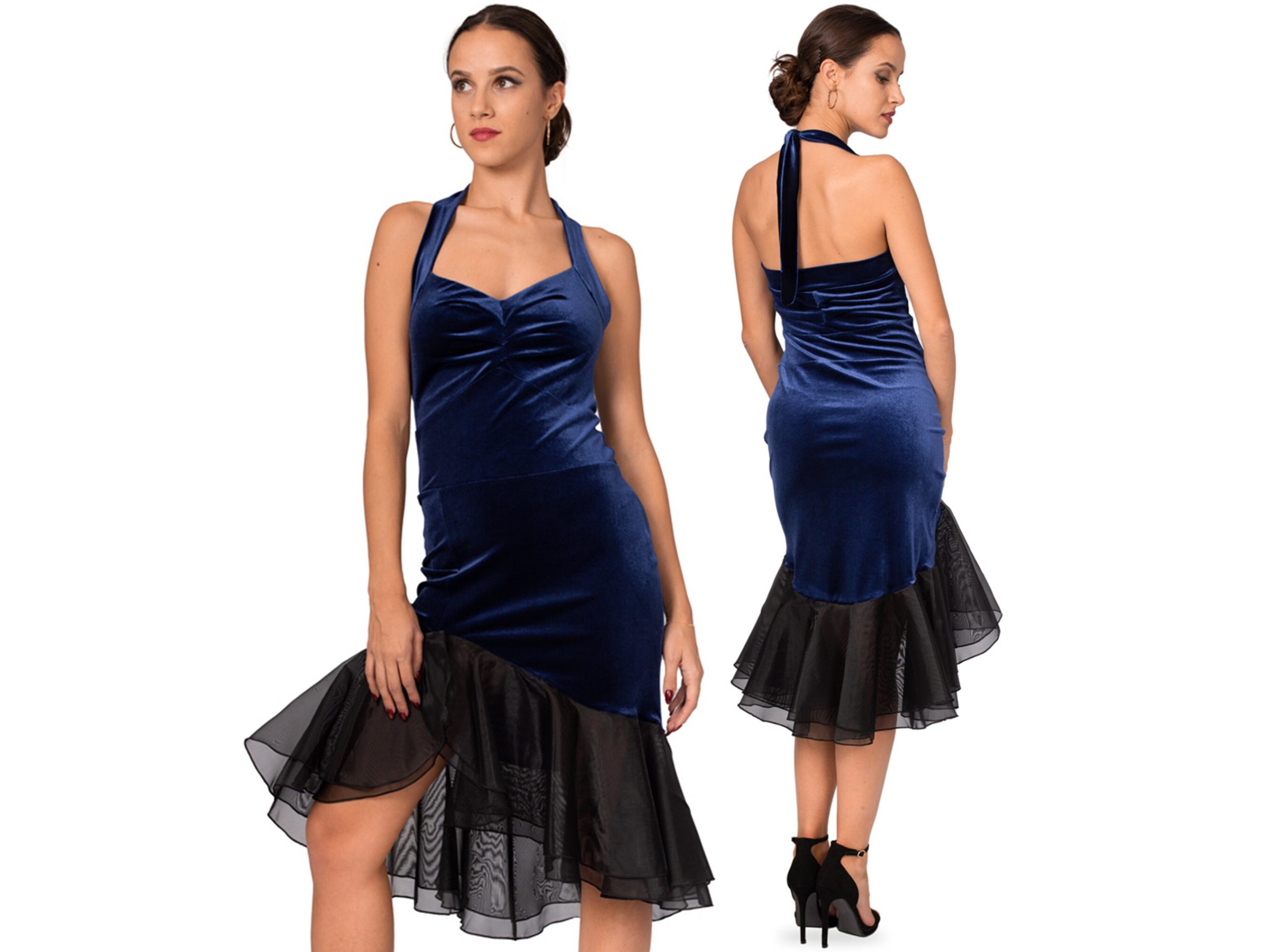 Salsa Dance Dress, Velvet Tango Show Organza Ruffle Finished Evening Halter Neck Milonga Performance Dress