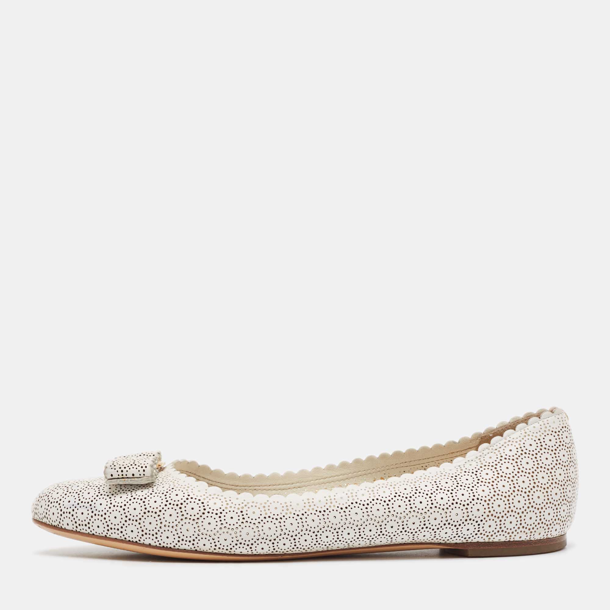 Salvatore Ferragamo White Perforated Leather Varina Ballet Flats Size 39.5