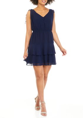 Sam Edelman Women's Solid V-Neck Tiered A-Line Dress, Navy Blue, 0