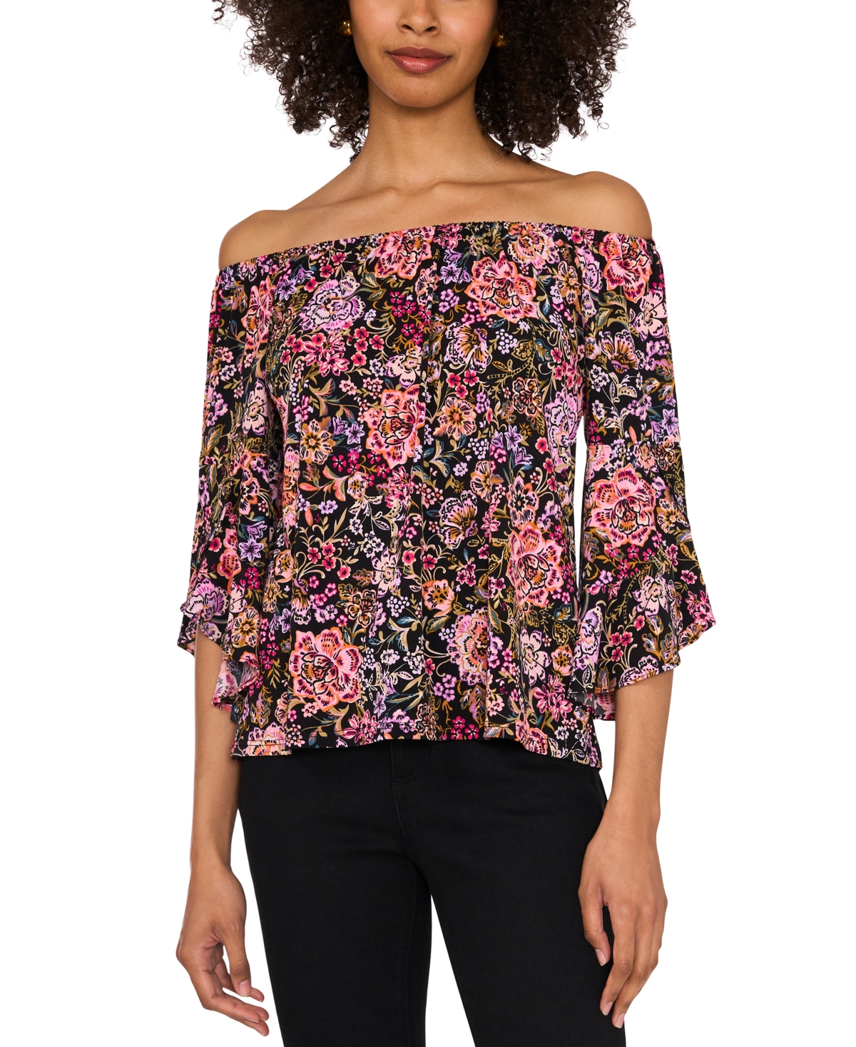 Sam & Jess Petite Off-The-Shoulder Floral-Print Bell-Sleeve Top - Black