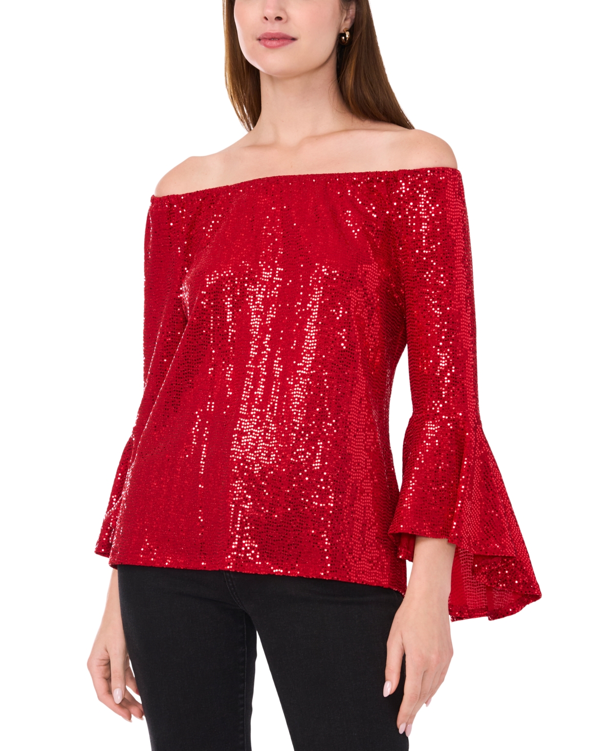 Sam & Jess Women's Metallic Off-the-Shoulder Bell-Sleeve Top - Red